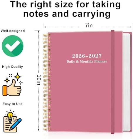 Daily Planner 2026-2027 - July 2026 to June 2027, 7" x 10", Pink