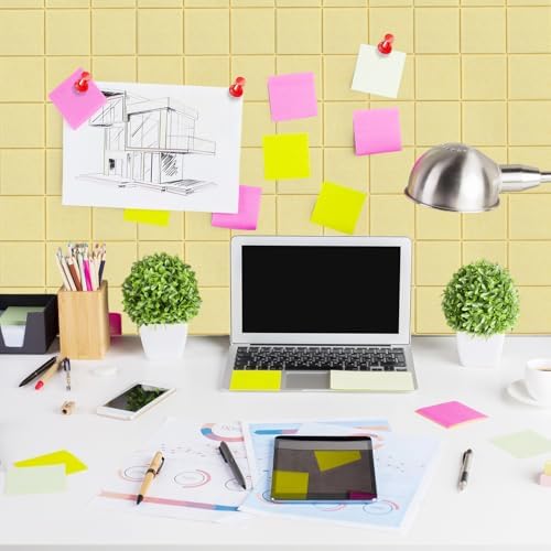 Honoson 12 Pack Felt Bulletin Board Tiles with Safe Adhesive, Light Yellow