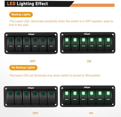 Nilight 6 Gang Rocker Switch Panel SPST On Off 5PIN Electrical Toggle Green