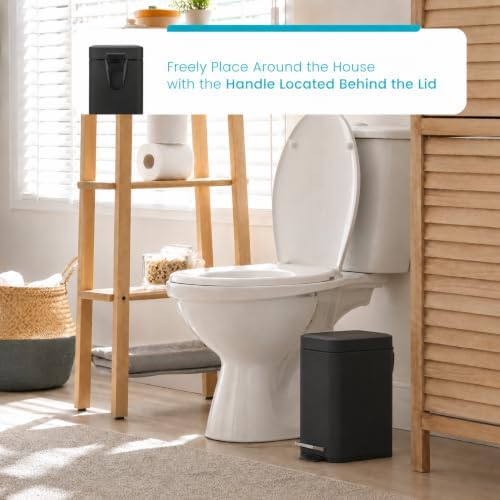Home Zone Living 1.3 Gallon Small Bathroom Trash Can with Lid and Step Pedal, Stainless Steel Wastebasket with Slim Design for Home and Office, Matte Black, 5 Liters
