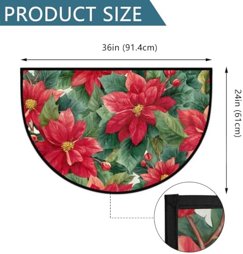 Pardick Christmas Poinsettia Half Round Door Mat, Non-Slip Welcome Indoor Entrance Way Rug Semi Circle Front Doormats Washable Bathroom Kitchen Floor Mat, Outdoor Rugs for Garage, Patio, Hearth Rug