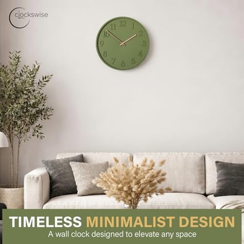 Clockswise 11" Modern Minimalist Round Wall Clock Green Arabic Numerals and Dial Analog Display Step Movement Mechanism Easy-to-Read Timepiece for Living Room Kitchen Office or Bedroom Wall Decor
