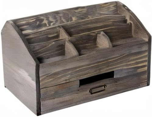 Rustic Wood Desk Organizer and Storage with Drawer and Pen Holder Bill Mail Organizer and Mail Holder for Countertop Kitchen Desk Decorative & Workspace Organizers(Rock Grey)