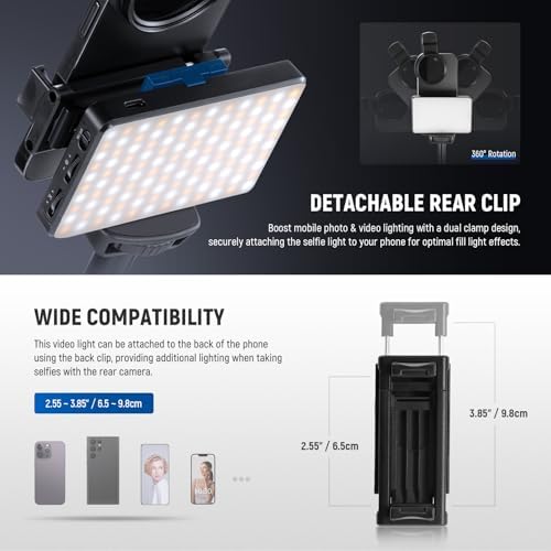 NEEWER Basics LED Selfie & Tattoo Light Compatible with iPhone, Clip on CPL Filter/Tripod Stand/Phone Holder, Fill Lighting Remove Reflection for Art Food Jewelry Photography Video Recording, BL120B