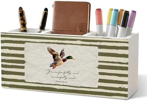 Mallard Duck Christian Pencil Pen Holder for Desk Organizer, Vintage Green Nursery Duck Cottagecore Wooden Box Decorations for Home Office Classroom Desk Tabletop Nursery Toddler Decor