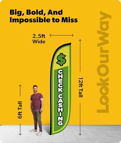 LookOurWay 12 Ft Feather Flag Banner, Financial Service, Check Cashing