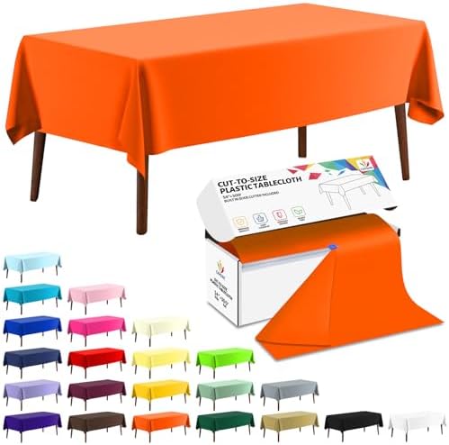 CXPSINC 54 Inch X 300 Feet Plastic Table Cover Roll Disposable Tablecloth with Slide Cutter for All Type/Shape Tables | Party, Banquet, Birthdays, Weddings(Orange, 300 Feet
