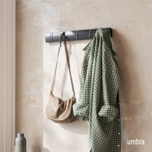 Umbra Flip Coat Rack, Wall Mounted 5-Hook Space Saving, Black/Black