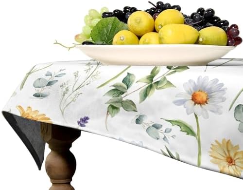 Watercolor Wildflowers Tablecloth, Summer Daisy Lavender Eucalyptus Branches Leaves Print Table Cover for Tea Party Weddings Indoor Outdoor Dining 60x120in