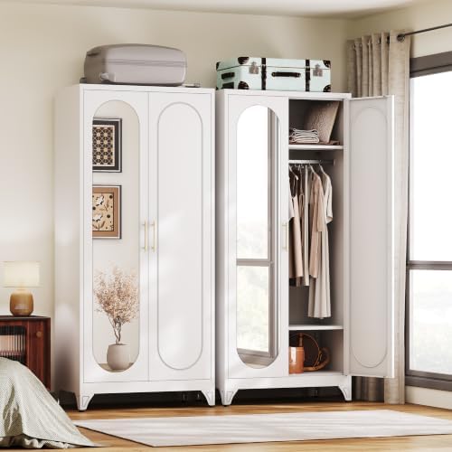 UNICOLY Armoire Wardrobe Closet，71" Metal Wardrobe Cabinet with Mirror Door