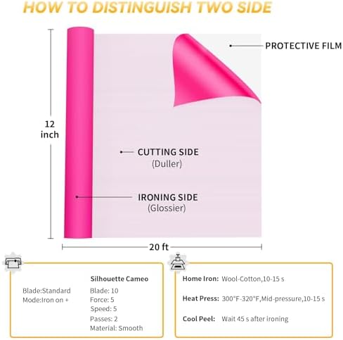 VinylRus Heat Transfer Vinyl, Neon Pink, 12" x 20ft