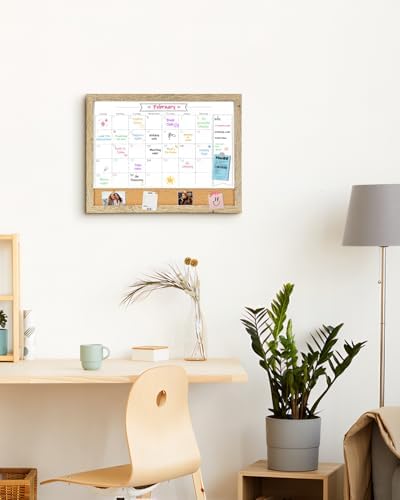 Dry Erase Calendar Whiteboard for Wall, Small Combination Magnetic Dry Erase White Board & Bulletin Board, 13" x 17" Rustic Brown Frame Calendar/Cork Combo Board(RB-3343)