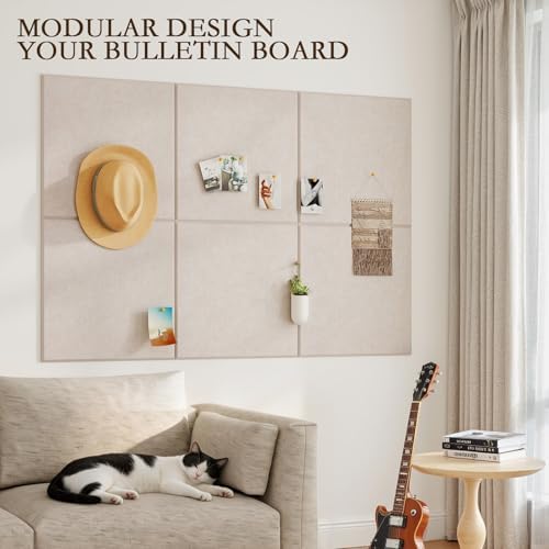 JBER Felt Bulletin Board 36" x 24", 6 Pack Felt Wall Tiles, Light Camel