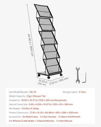 VEVOR Brochure Display Rack, Foldable 5 Pockets Magazine Literature Display Stand, Movable Floor Standing Magazine Rack with Wheels, Metal Newspaper Catalog Holders for Shop Exhibitions Office Show