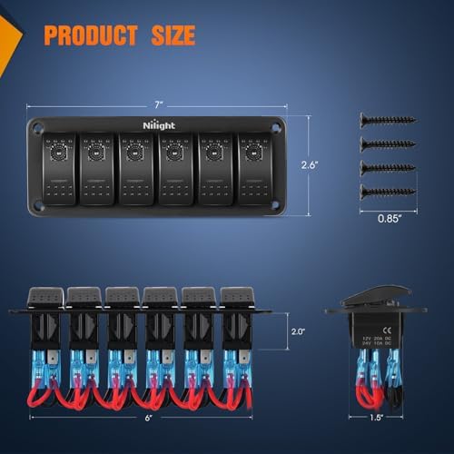 Nilight 6 Gang Rocker Switch Panel w/Purple LED Light 5Pin On Off Pre-Wired