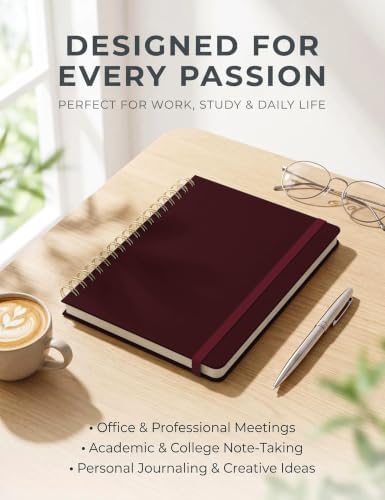 5 Pack Hardcover Spiral Notebooks, 8.3" x 6.3" Lined Journal Set, 100 GSM Bleed-Resistant Paper, 200 Pages Twin-Wire Bound Notebook with Elastic Band & Category Stickers for Office, School