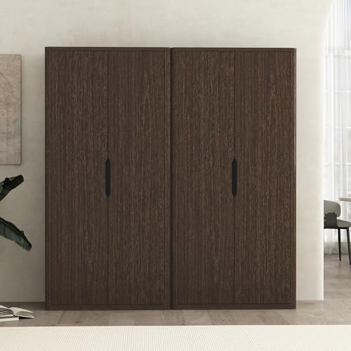 Manhattan Comfort Rivington Bookshelf 79 in Tall 5-Tier Bookcase, Modern Soft Close Storage Cabinet, Handle-Free, Round Corner Design for Living Room, Bedroom, or Home Office, Set of 2 in Walnut