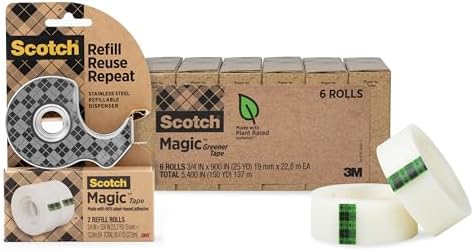 Bundle of Scotch Stainless Steel Refillable Dispenser and 6 Rolls Scotch Magic Greener Tape, Office Supplies and Back to School Supplies