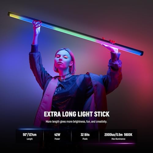 NEEWER TL120C RGB Tube Light, 42W Full Color RGBWW Photography LED Video Light Wand Stick with APP/2.4G/DMX Control, 7 Pixel Effects/18 Scenes, 2500K-10000K CRI97+ TLCI98+, 6000mAh Battery