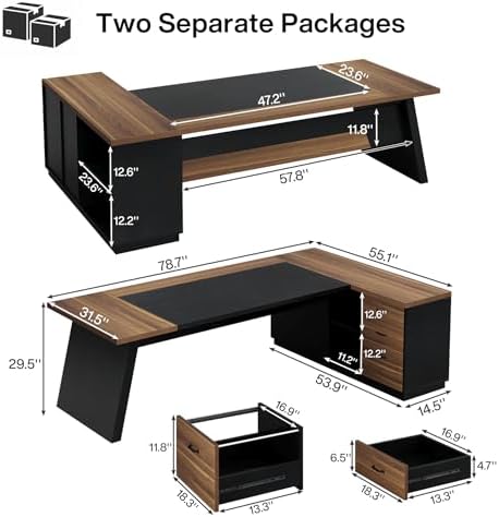 Tribesigns 78" L-Shaped Executive Desk, Large Office Desk with Drawers and File Cabinet, Modern Business Furniture for Home Office (Light Walnut + Black)
