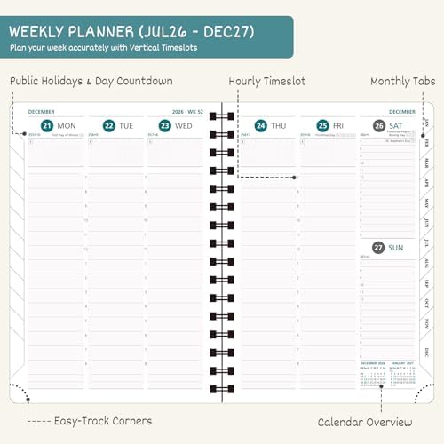 BEZEND Planner 2026-2027 Weekly and Monthly, Hourly Timeslot (8.5"x11")