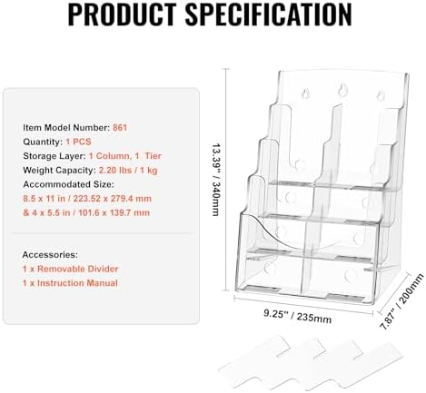 VEVOR Acrylic Brochure Holder 8.5 x 11 inch, 4-Tier Clear Acrylic Literature Display Stand, Plastic Literature Organizer Flyer Stand & Removable Divider for Office Exhibition, Countertop or Wall Mount