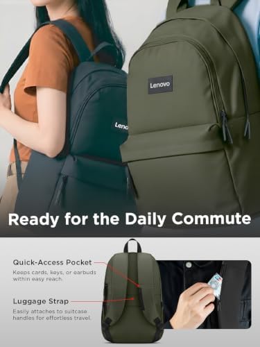 Lenovo 16-inch Commuter Backpack B10, Lightweight 30L Laptop Backpack, Water-Resistant Travel Bag with 6 Storage Compartments, Anti-Theft Pocket & Luggage Strap, Fits Up to 16" Laptop, Green
