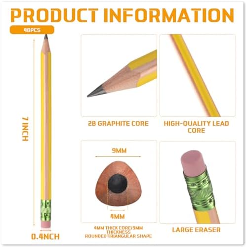 Seajan 48 Pcs 2B Jumbo Pencils, Big, Fat, Thick, Triangular Grip 7 Inch Large Pencils Refill with Eraser for Beginners Office Christmas Gifts(Yellow)