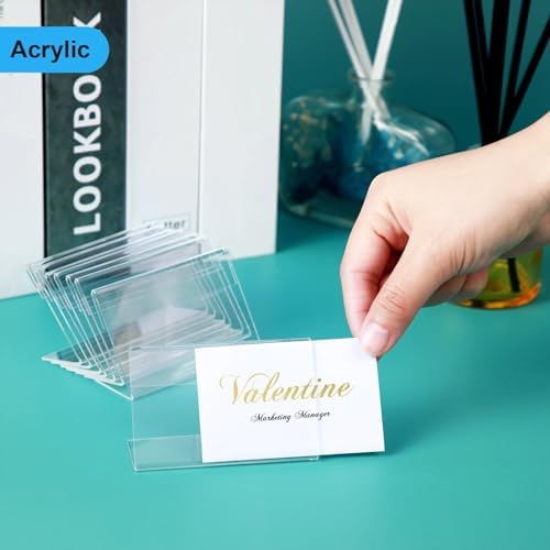 Amyhill 120 Pcs Mini Acrylic Sign Display Holder 3.15 x 2 Inch Small Price Display Holder L Shape Stand Up Label Card Sign for Weddings Buffet Birthday Bakery Retail