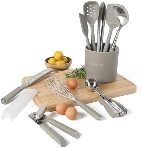 Calphalon Edge 10-Piece Kitchen Utensil Set with Crock, Stainless Steel and Silicone Cooking Tools, Nonstick-Safe Utensils with Comfortable Handles, Taupe