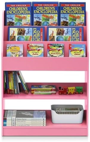 Furinno LOVA Book Shelf, 5-Tier Magazine Bookshelf, Bookcase with Open Shelves Storage, 9.4 x 24.6 x 37, for Living Room, Bedroom, Home Office, Pink