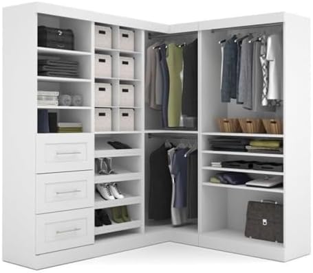 Atlin Designs 82" 4-Piece Corner Storage Unit, White Finish, Multi-Storage Cubby, 3-Drawer Set, Adjustable Shelves, Clothing Rods, Shaker Trim, Closet Organizer for Home Office or Bedroom Use