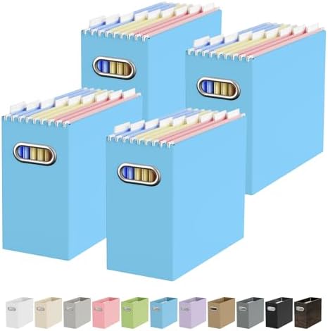 Oterri Portable Collapsible Cardboard File Box with Handle for Letter-Size | 4-Pack. Stainless Steel Handle. Label Stickers Included. Fits Letter Folders (Not Included). Home, Office, School, Dorm, Tax.