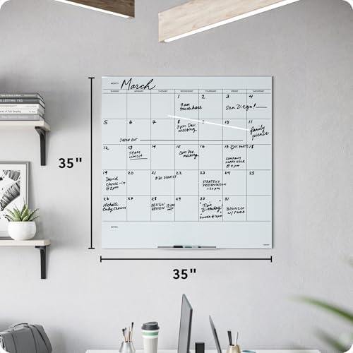 U Brands Glass Dry Erase Calendar Whiteboard, 36" x 36", Non-Magnetic White