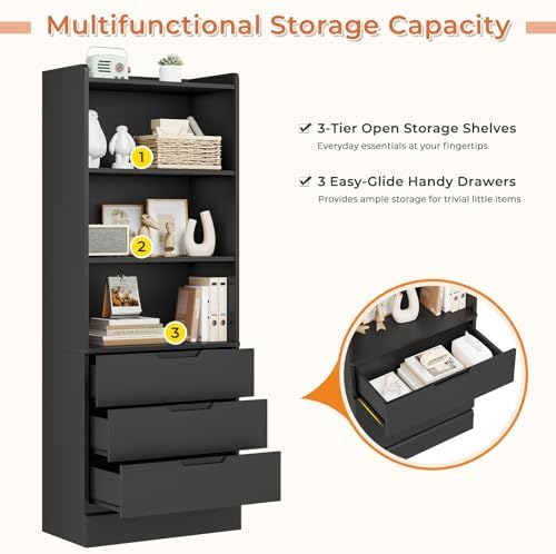 DICTAC Bookcase Set of 2 with 3 Drawers 73.23'' Bookshelf Storage Cabinets with Shelves and Drawers Kitchen Pantry with Microwave Stand,Storage Organizer for Living Room,Office,Study,Bathroom