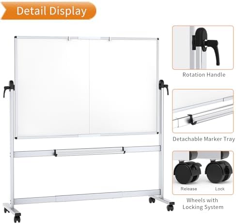 VIZ-PRO Rolling Whiteboard, 60" x 48" Mobile White Board with Stand