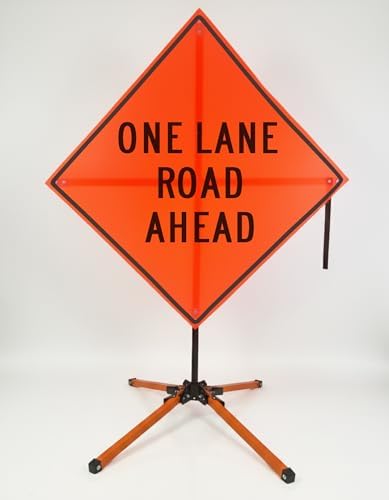 Traffic Roll-Up Sign Kit with Stand – Collapsible Safety Sign & Heavy-Duty Portable Stand, High Visibility, Easy Setup (One Lane Road Ahead, Mesh)