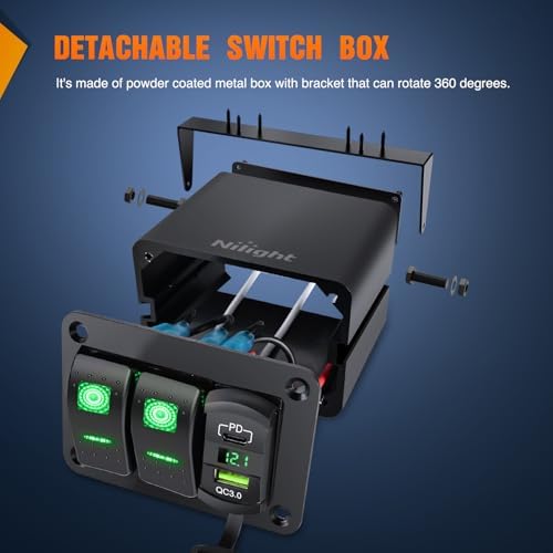 Nilight 2 Gang Rocker Switch Box w/Voltmeter PD Type C and USB Socket