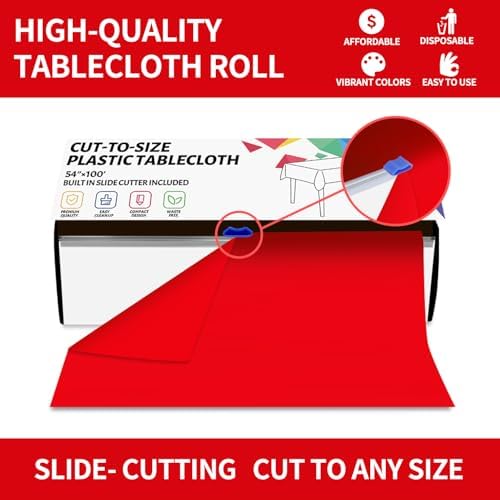 CXPSINC 54 Inch X 100 Feet Plastic Table Cover Roll Disposable Tablecloth with Slide Cutter for All Type/Shape Tables | Party, Banquet, Birthdays, Weddings(Red, 100 Feet)
