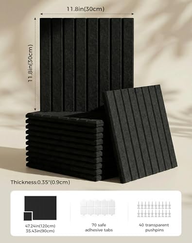 Aothia Felt Bulletin Board Tiles, 12-Pack 48"x36" Large Pin Board for Wall, Modern Cork Board Alternative for Notes, Photos, Memo & Office Organization, 70 Adhesive Tabs & 40 Push Pins, Black