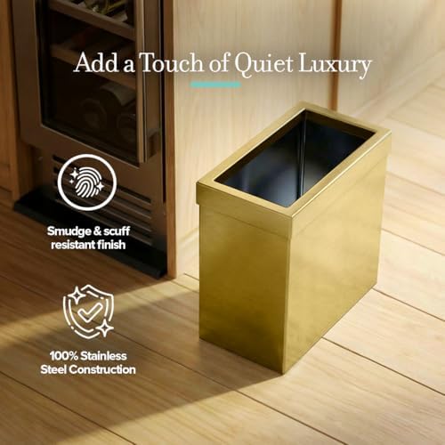 Gatco Modern Rectangle Wastebasket, Brushed Brass - Stainless Steel Trash Can with Removable Lid, Leakproof, 3 Gallon Capacity for Bathroom, Bedroom, Kitchen, or Office