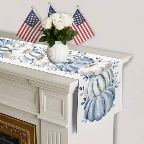 Fall Table Runner White Blue Pumpkin Table Runners Harvest Thanksgiving Blue Eucalyptus Leaves Cotton Linen Dresser Scarf Kitchen Dining Table Decor for Autumn Holiday Party Coffee 13x120 Inch