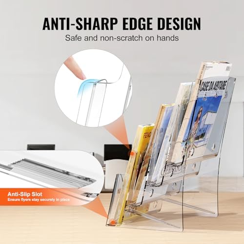 VEVOR Acrylic Brochure Holder 8.5 x 11 inch, 4-Tier Clear Acrylic Literature Display Stand, Plastic Literature Organizer Flyer Stand & Removable Divider for Office Exhibition, Countertop or Wall Mount