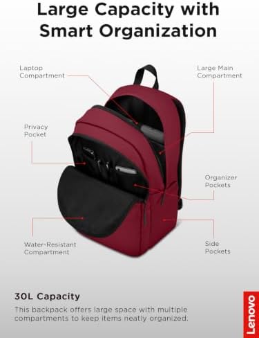 Lenovo 16-inch Commuter Backpack B10, Lightweight 30L Laptop Backpack, Water-Resistant Travel Bag with 6 Storage Compartments, Anti-Theft Pocket & Luggage Strap, Fits Up to 16" Laptop, Burgundy