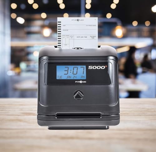 Pyramid Time Systems - Model 5000 Auto Totaling Time Clock - Black | Employee In/Out Time Tracker for Small Business, Includes 25 Time Cards, 1 Ink Ribbon Cartridge, 2 Security Keys, User Guide