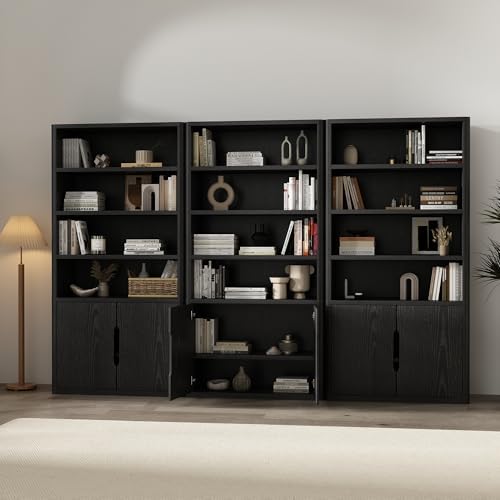 Manhattan Comfort Rivington 79 in Tall Modern Bookshelf with Soft Close Doors, Four Open Shelves and Two Adjustable Shelves, Bookcase Storage Cabinet for Living Room or Office, Set of 3 in Black