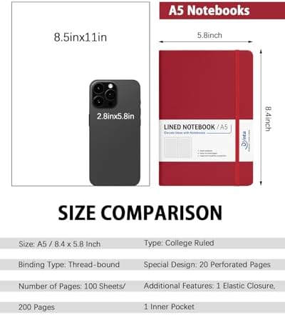 Dynta Hardcover Journal Notebooks, 10 Packs A5 Lined Journals Bulk for Writing 200 Pages/100Sheets, 8.4 x 5.8 inch, Classic Ruled Notebook for Work/Travel/College/Note Taking(Red)