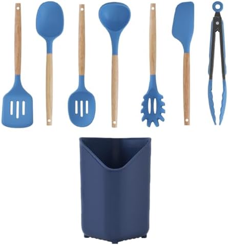 Glad Silicone Kitchen Utensils Set, 8pcs - Nonstick Cooking Tools with Wooden Handles and Utensil Holder - Spatula Set with Turner, Ladle, Spoons, Tongs, and Spaghetti Server - Blue