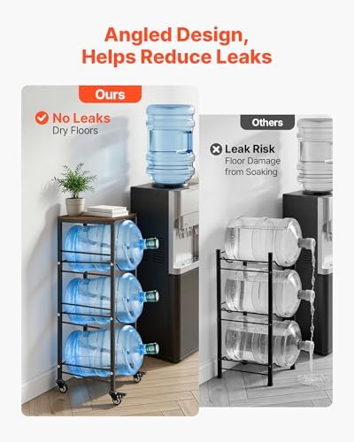 VEVOR Movable 5 Gallon Water Jug Holder for 3 Bottles, 3 or 5 Gallon Water Bottle Holder with Top Shelf, Lockable Casters, Handle, Heavy Duty Jug Rack Organizer for Kitchen, Home, Office, Black+Brown