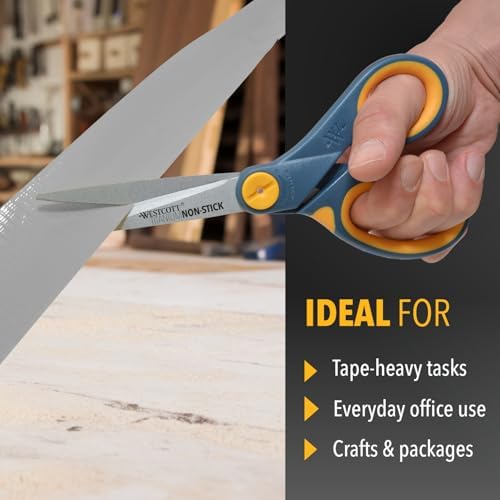 Westcott 8-Inch Non-Stick Titanium Scissors For Office and Home - Glide Adjust Technology - Grey/Yellow Craft, Fabric Scissors - 3 Pack